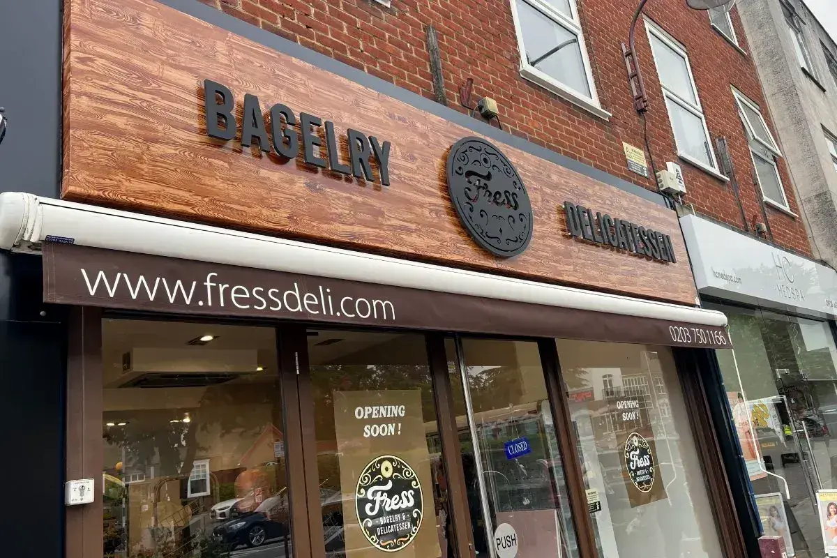 Sign Group Wood effect Background Foamex Raised Letters Fress Bagelry & Delicatessen Rodlet London