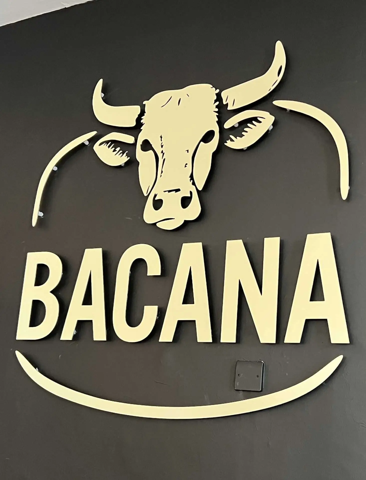 Cream raised Bacana bull logo and letters on a dark grey wall